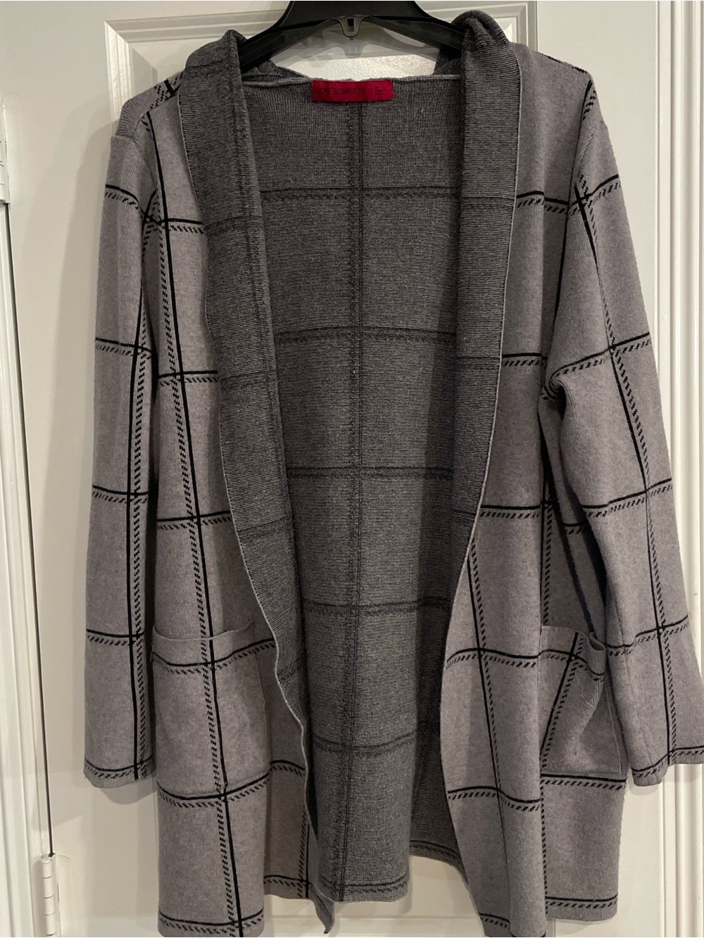 Gray Windowpane Open-Front Cardigan Sweater